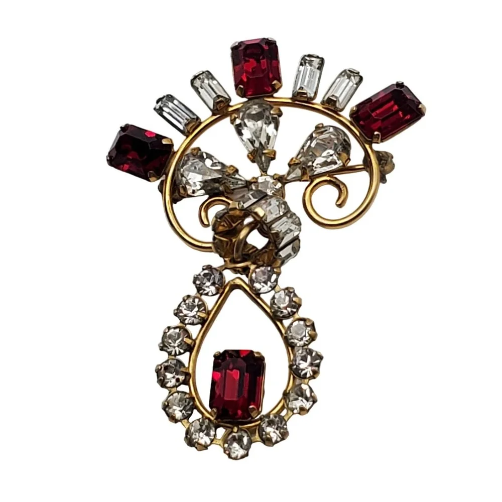 DeCurtis Red & Clear Rhinestone Brooch Pendant 1/20 12k GF 1940s Drop Pin Dangle